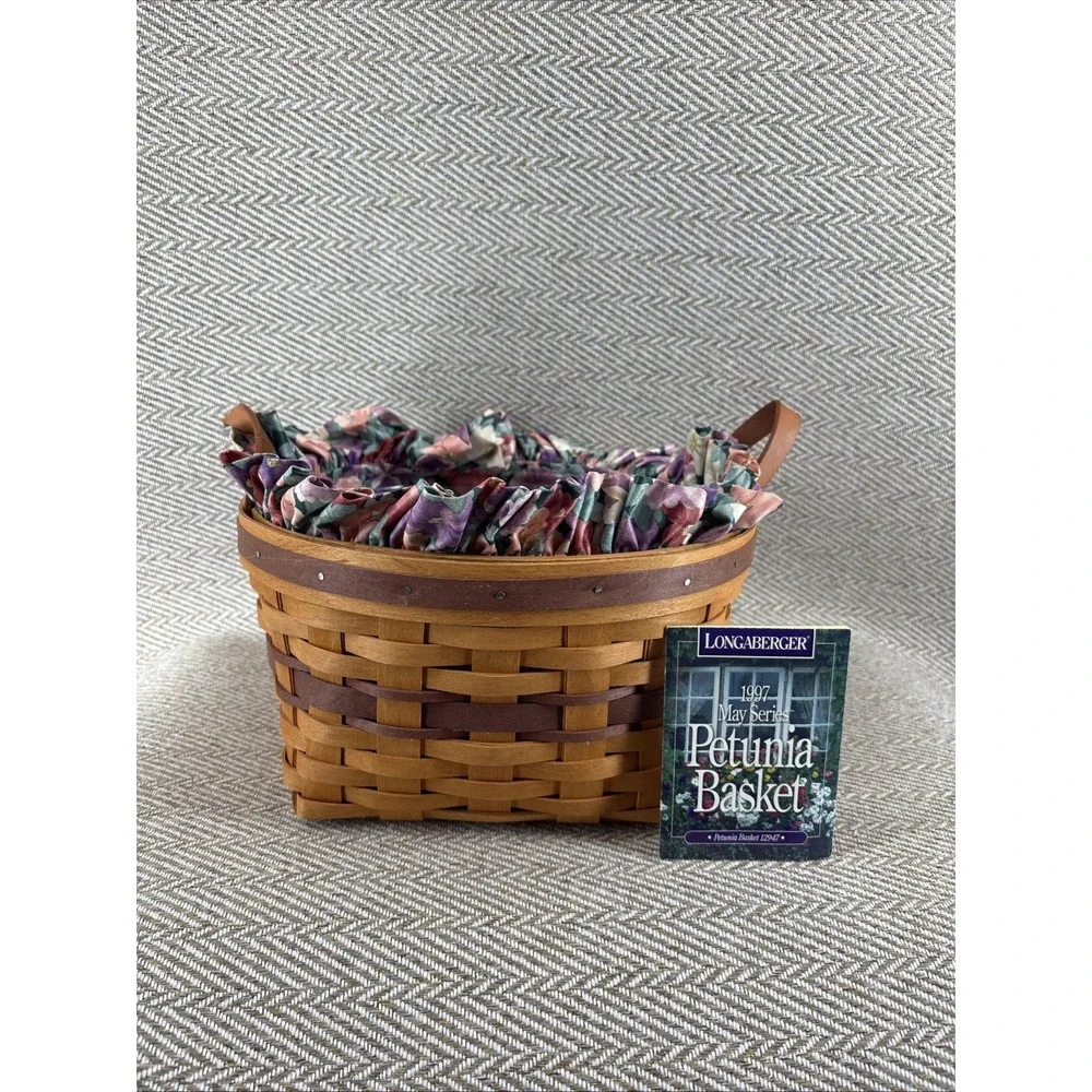 Longaberger Basket Petunia 1997 Flower Fabric Two Leather Handles Plastic Insert